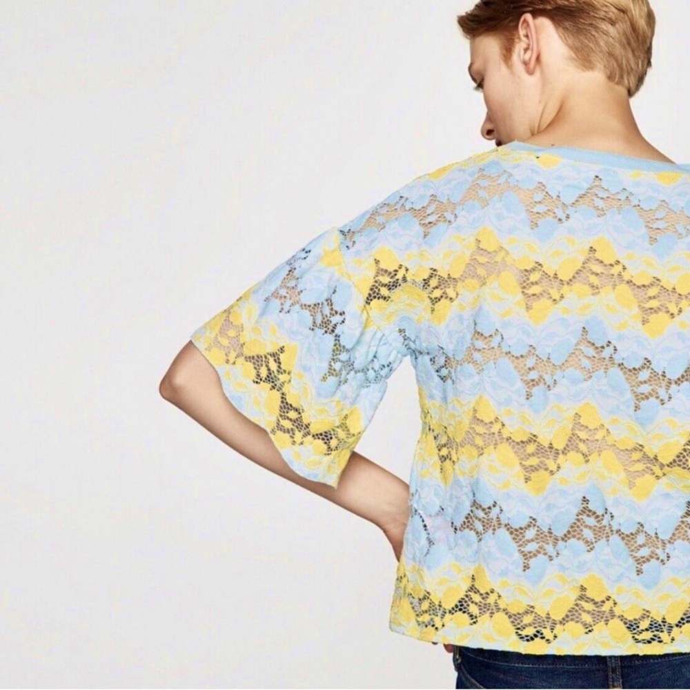 Zara Women’s Burnout Lace Pullover Bell Shaped Quarter Sleeves Top New - Picture 2 of 5